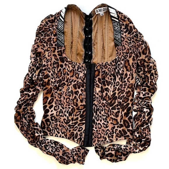 I.AM.GIA Long Sleeve Chelsea Leopard Corset Top XS Lace Up Back Ruched Sleeves - Picture 5 of 11